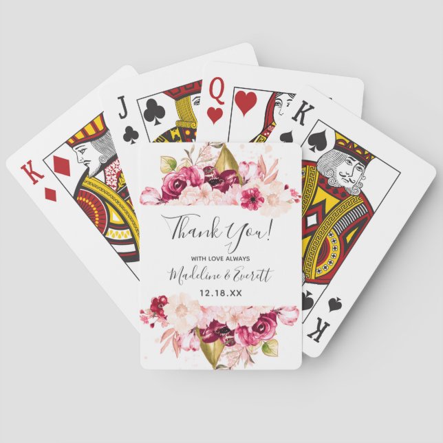Chic Burgundy & Blush Pink Floral Wedding Favor Poker Cards (Back)
