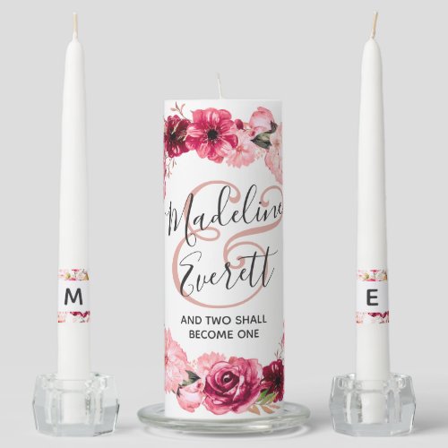 Chic Burgundy  Blush Pink Floral Wedding Monogram Unity Candle Set
