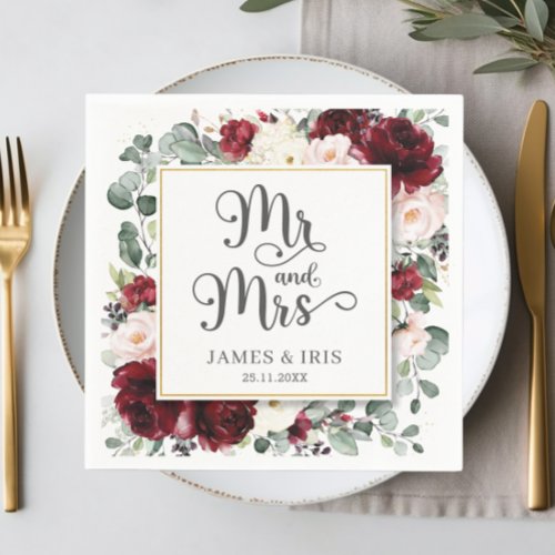 Chic Burgundy Blush Pink Floral Wedding Mr and Mrs Napkins