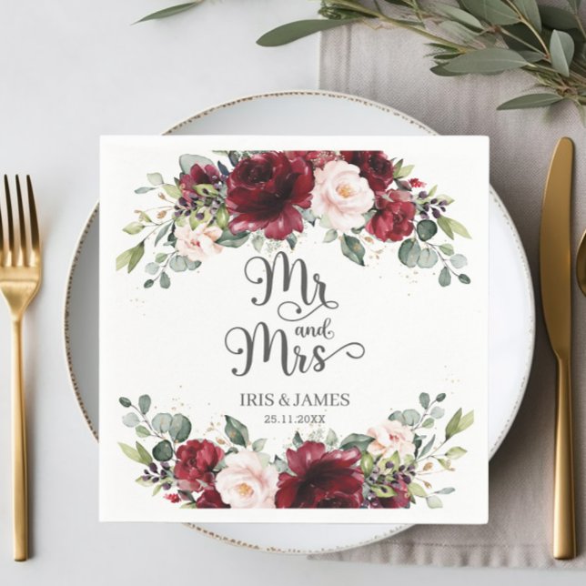 Chic Burgundy Blush Pink Floral Wedding Mr & Mrs Napkins (Creator Uploaded)