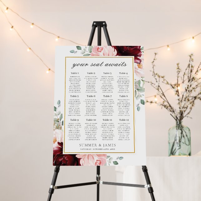 Chic Burgundy Blush Pink Floral Wedding Seating Foam Board (In Situ (Stand))