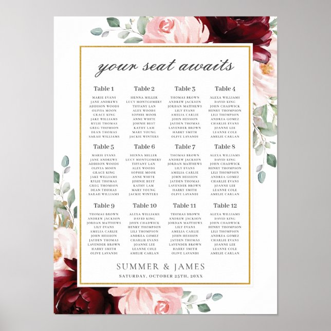 Chic Burgundy Blush Pink Floral Wedding Seating Poster (Front)