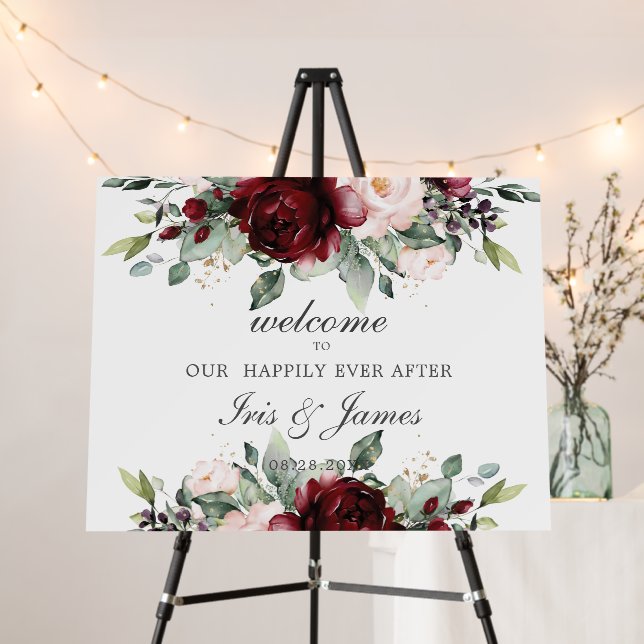 Chic Burgundy Blush Pink Floral Wedding Welcome  Foam Board (In Situ (Stand))