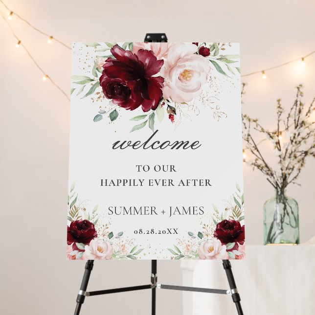 Chic Burgundy Blush Pink Floral Wedding Welcome   Foam Board (In Situ (Stand))