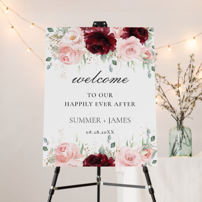 Chic Burgundy Blush Pink Floral Wedding Welcome    Foam Board (In Situ (Stand))