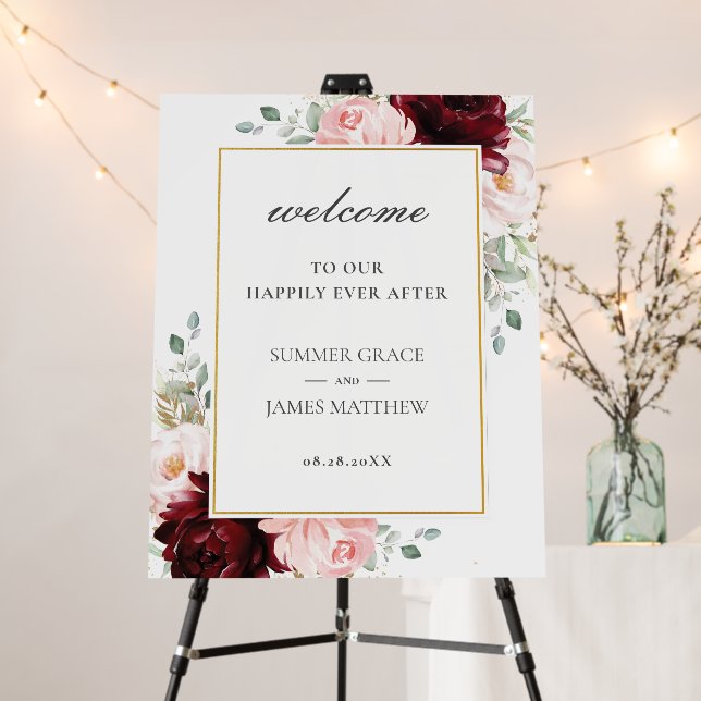Chic Burgundy Blush Pink Floral Wedding Welcome   Foam Board (In Situ (Stand))