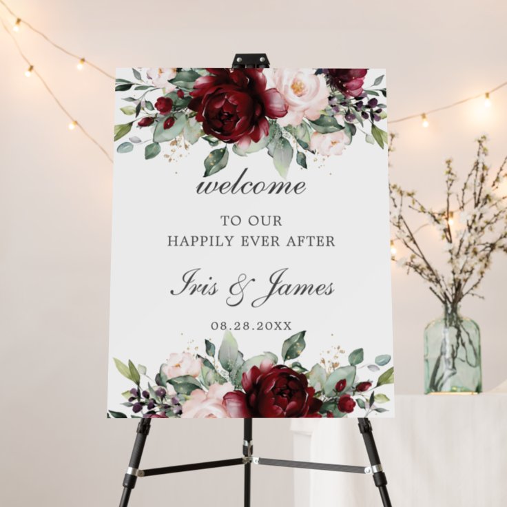 Chic Burgundy Blush Pink Floral Wedding Welcome Foam Board | Zazzle