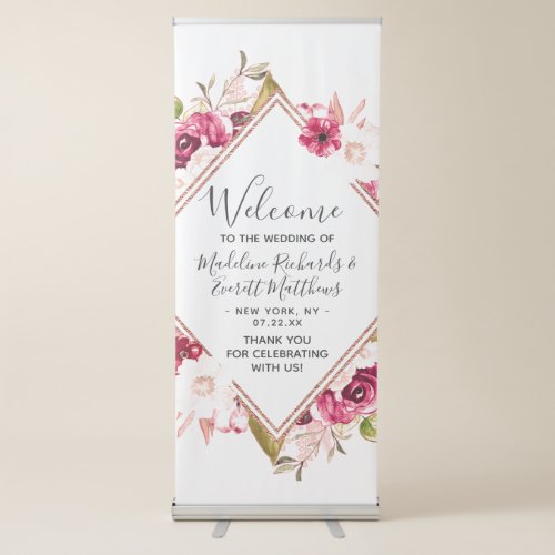 Chic Burgundy  Blush Pink Floral Wedding Welcome Retractable Banner