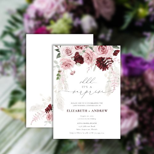 Chic Burgundy Blush Pink Roses Floral Anniversary Invitation