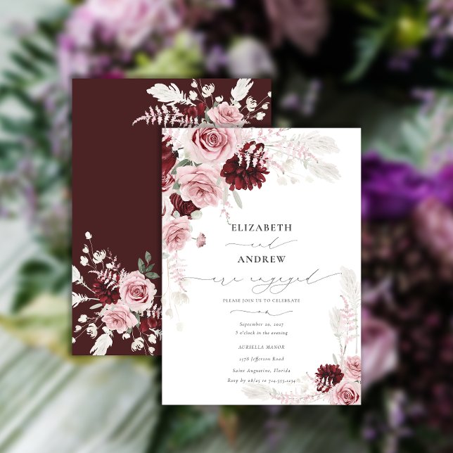 Chic Burgundy Blush Pink Roses Floral Engagement Invitation (Creator Uploaded)