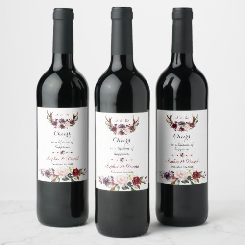 Chic Burgundy Blush Plum Floral Antlers Wedding Wine Label