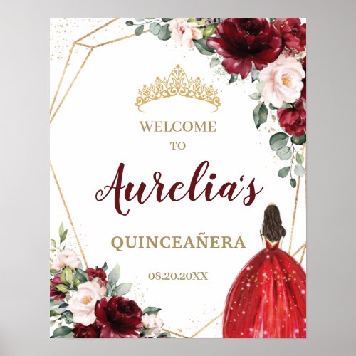 Chic Burgundy Blush Red Floral Quinceaera Welcome Poster