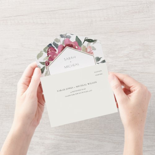 CHIC BURGUNDY BLUSH ROSE FLORAL WATERCOLOR WEDDING ALL IN ONE INVITATION