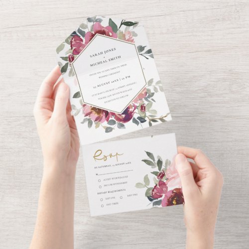 CHIC BURGUNDY BLUSH ROSE FLORAL WATERCOLOR WEDDING ALL IN ONE INVITATION
