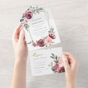 CHIC BURGUNDY BLUSH ROSE FLORAL WATERCOLOR WEDDING ALL IN ONE INVITATION