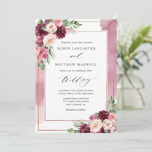 Chic Burgundy Blush Watercolor and Floral Wedding Invitation | Zazzle
