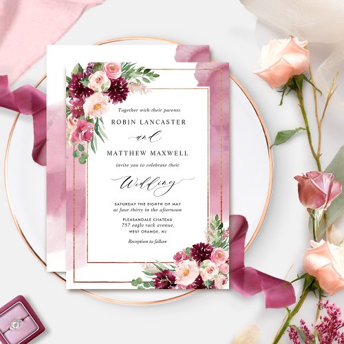Chic Burgundy Blush Watercolor and Floral Wedding Invitation