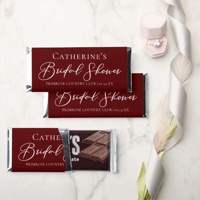 Chic Burgundy Bridal Shower Personalized Hershey Bar Favors (Front)