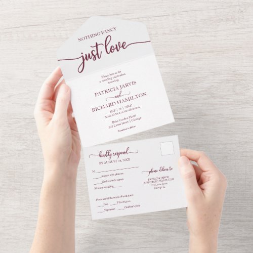 Chic Burgundy Calligraphy Casual Wedding All In One Invitation