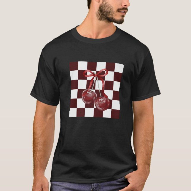 Chic Burgundy Checkered Pattern Coquette Bow Dark  T-Shirt (Front)