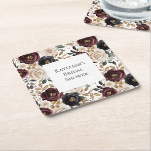 Chic Burgundy Cream Floral Bridal Shower Square Paper Coaster