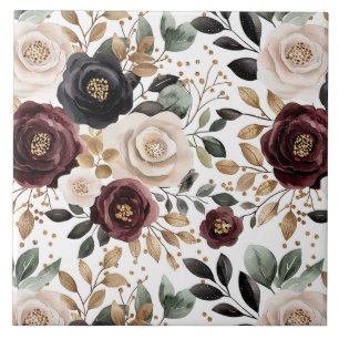 Chic Burgundy Cream Floral Ceramic Tile