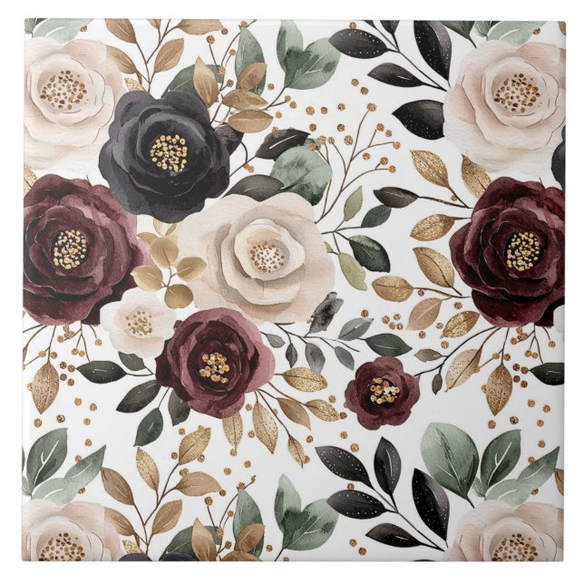 Chic Burgundy Cream Floral   Ceramic Tile (Front)