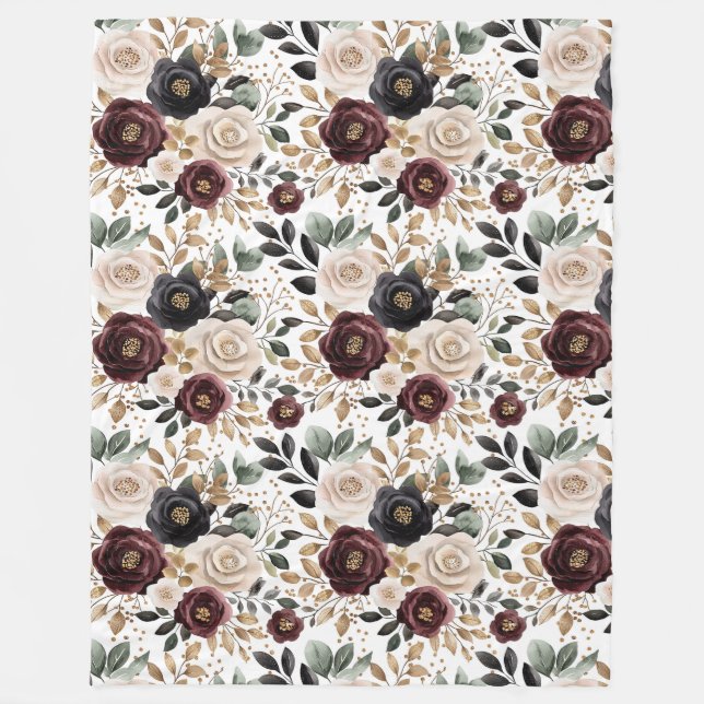 Chic Burgundy Cream Floral   Fleece Blanket (Front)