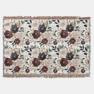 Chic Burgundy Cream Floral Throw Blanket
