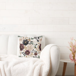 Chic Burgundy Cream Floral   Throw Pillow