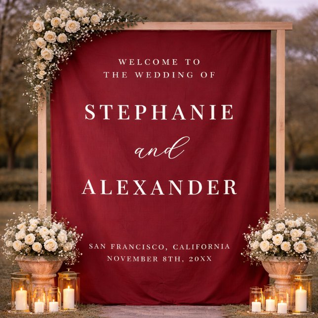 Chic Burgundy Custom Fabric Wedding Welcome Sign Tapestry (Creator Uploaded)