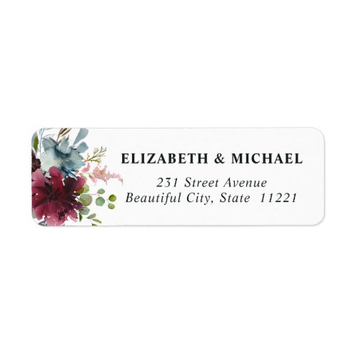 Chic Burgundy Dusty Blue Floral Watercolor Wedding Label
