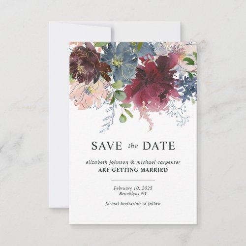 Chic Burgundy Dusty Blue Floral Watercolor Wedding Save The Date