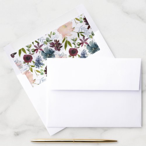 Chic Burgundy Dusty Blue Modern Floral Watercolor Envelope Liner