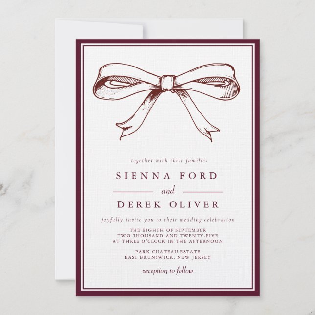 Chic Burgundy Elegant Hand Drawn Bow Wedding Invitation (Front)