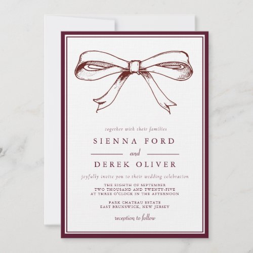 Chic Burgundy Elegant Hand Drawn Bow Wedding Invitation