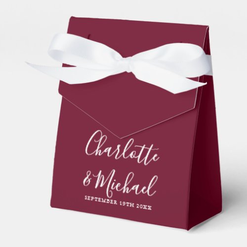 Chic Burgundy Elegant Script Wedding Favor Boxes