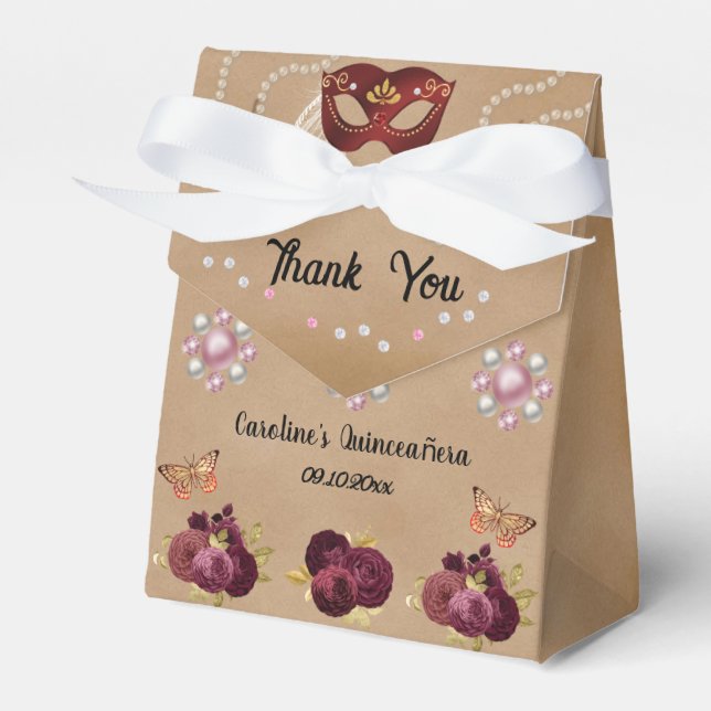 Chic Burgundy English Roses Quinceañera Masquerade Favor Boxes (Front Side)