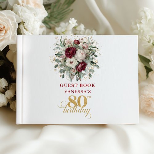 Chic Burgundy Floral 80th Birthday Guest Book
