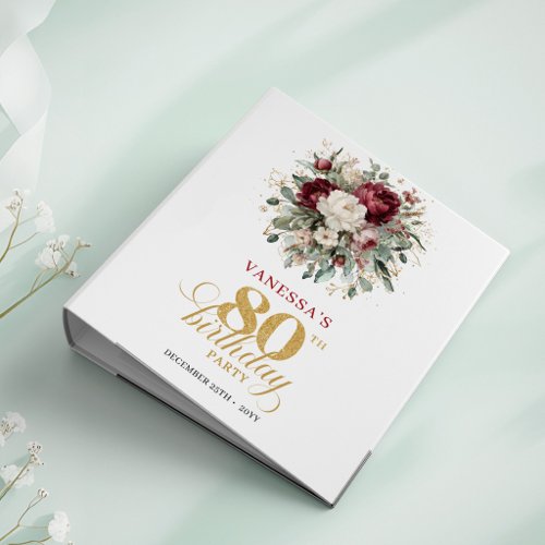 Chic Burgundy Floral 80th Birthday Memory Album 3 Ring Binder