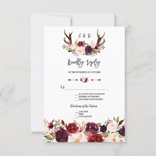 Chic Burgundy Floral Antlers Handwriting RSVP