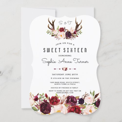 Chic Burgundy Floral Antlers Handwriting Sweet 16 Invitation