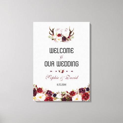 Chic Burgundy Floral Antlers Welcome Wedding Sign