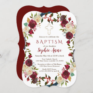 Chic Burgundy Floral Bloom Navy Blue Baptism Invitation