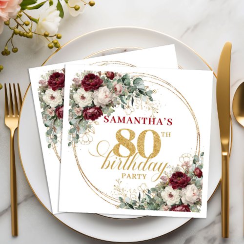 Chic Burgundy Floral Gold 80th Birthday Napkins