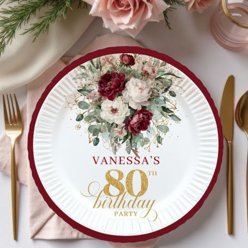 Chic Burgundy Floral Gold 80th Birthday Paper  Plates