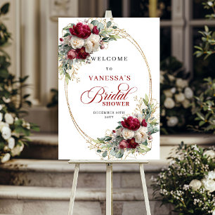 Chic Burgundy Floral Gold Bridal Shover Welcome Poster
