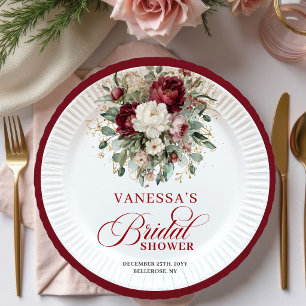 Chic Burgundy Floral Gold Bridal Shower Paper   Plates