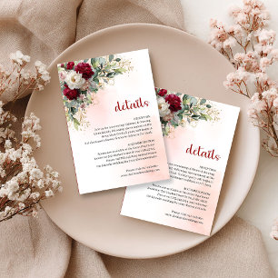 Chic Burgundy Floral Gold Greenery Wedding Info Enclosure Card