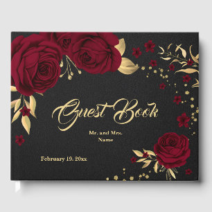 chic burgundy floral gold leaves black guest book